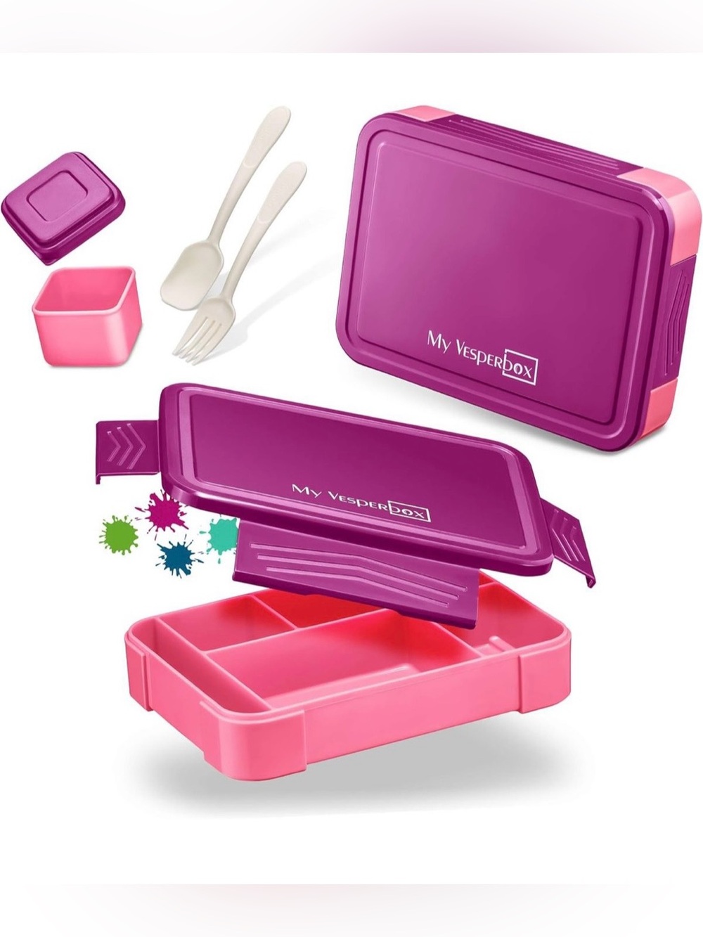 My Vesperbox Kids’ Pink & Purple Bento Lunch Box with Extra Box & Utensils